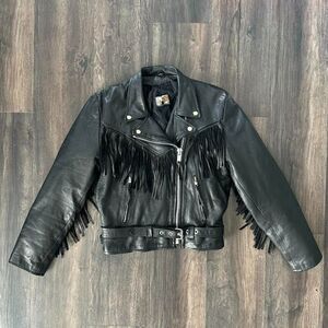 Vintage Leather Fringe Motorcycle Jacket Zip Up Collared Pinup Greaser Sz Medium